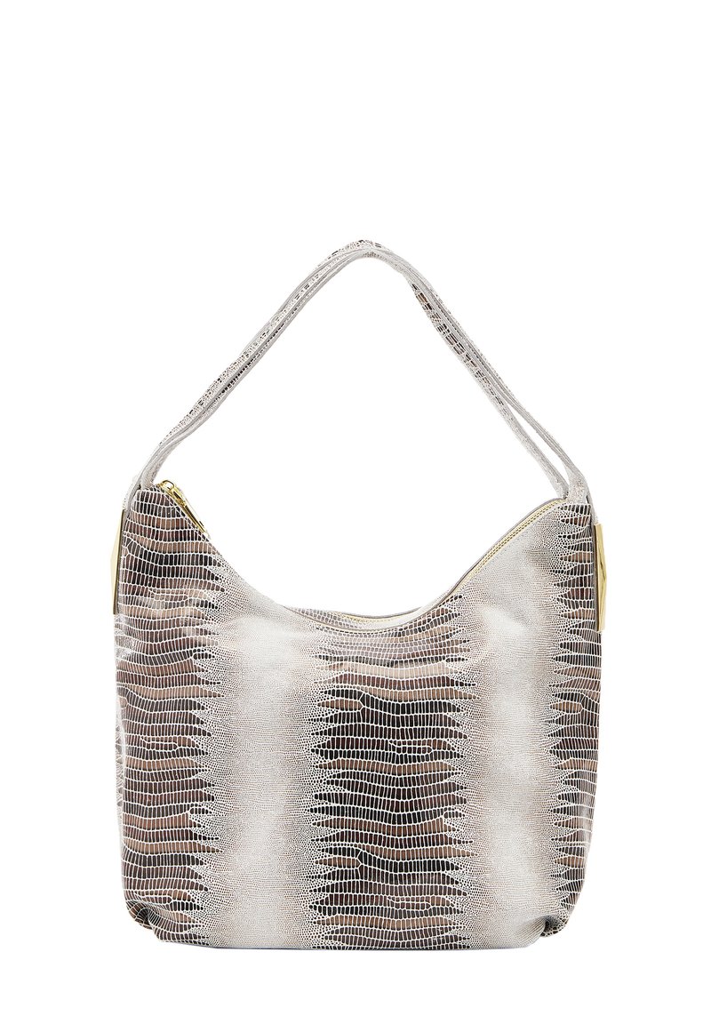 Borsa hobo in ecopelle argentata e nera con una texture a motivo rettile, dotata di una sola tracolla e una zip dorata.