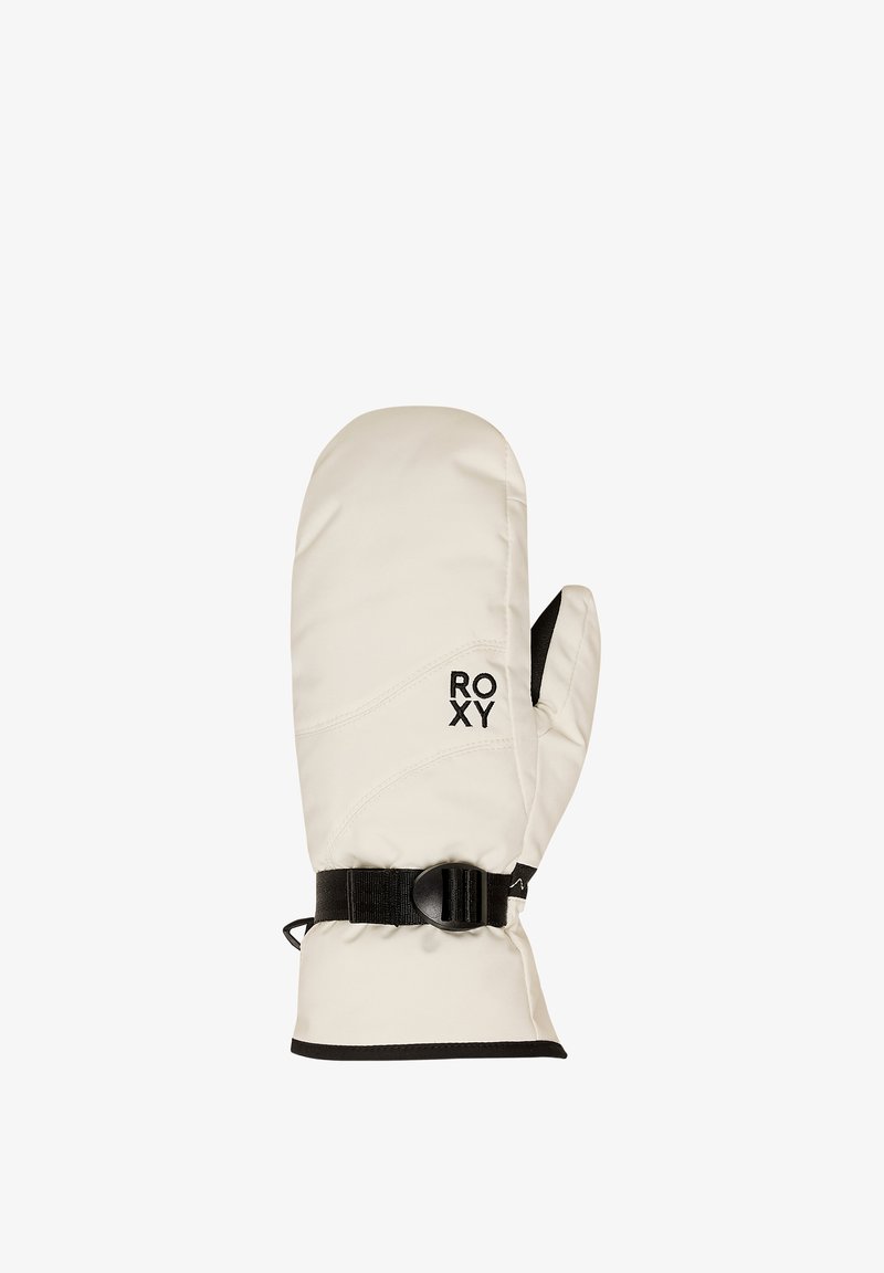 Białe ocieplane rękawice z logo Roxy, elegancki design, regulowany czarny pasek na nadgarstku, teksturowany materiał z wykończeniem w postaci zakrzywionych szwów.
