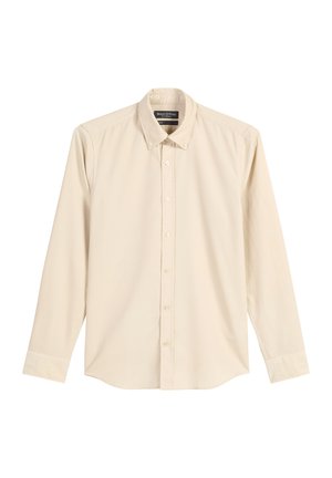 Beige lange mouwen shirt gemaakt van katoen, met een button-down kraag, knopen aan de voorkant en een ronde zoom. Gladde textuur, casual ontwerp.