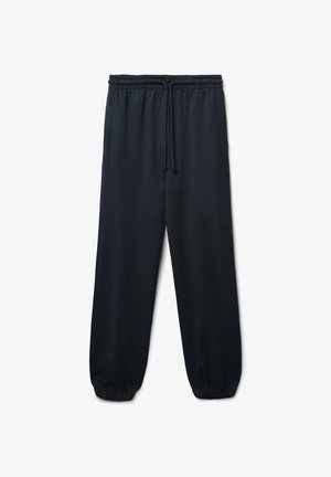 Pantaloni della tuta neri realizzati in tessuto morbido, con vita elastica e cordoncino, e polsini elastici alle caviglie per un look stretto.