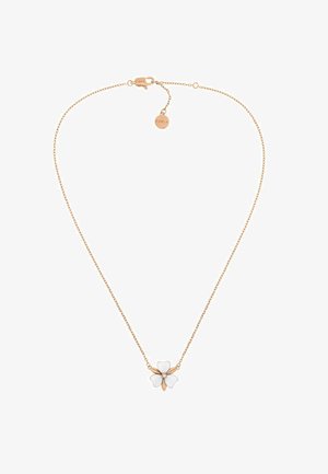 Collana in tonalità oro con pendente a forma di fiore bianco, dotato di una pietra centrale, catena delicata e chiusura regolabile con etichetta del marchio.