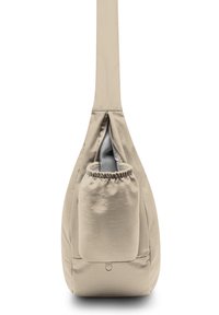 Sac bandoulière beige avec un grand compartiment principal et une poche supérieure élastique, conçu pour une utilisation décontractée ou en voyage.