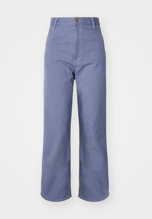 Light blue wide-leg jeans made of denim, featuring a high waist, front button closure, and visible stitching on pockets and seams.