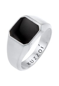 Silver ring with a hexagonal black stone setting. Smooth texture, polished finish, with engraved brand name "Kuzzoi" on the inside.