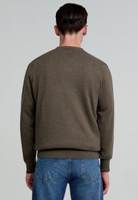 Bruine gebreide trui met een ronde halslijn en geribbelde mouwen, gedragen over blauwe denim jeans, die een gladde textuur en een getailleerde vorm laat zien.
