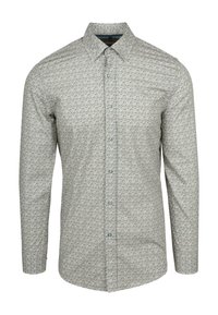 Lange mouw knoopshirt in lichtgrijs met een gedetailleerd paisleypatroon, gemaakt van zachte stof en met een spread-kraag en blauwe knopen.