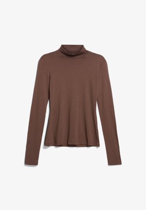Bruine turtleneck top met lange mouwen en een aangesloten silhouet, gemaakt van een zachte, lichte stof, weergegeven op een witte achtergrond.