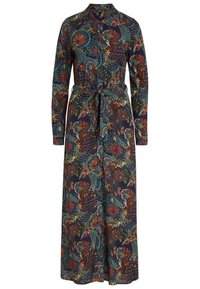 Maxiklänning med långa ärmar och knäppning framtill, med en knytning i midjan, som har ett flerfärgat blommönster och abstrakt mönster i blåa, orangea, gröna och bruna nyanser.