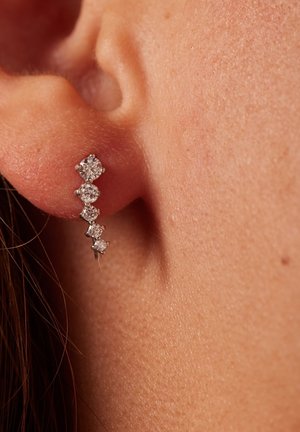 Vijf-stenen oorbel met heldere cubic zirconia in een aflopende grootte-indeling, gezet in zilverkleurig metaal. Gladde textuur, minimalistisch ontwerp.