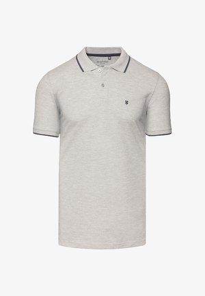 Jasnoszara koszulka polo z bawełny o miękkiej fakturze, z ciemnoszarym prążkowanym kołnierzykiem i krawędziami rękawów oraz małym logo na piersi.