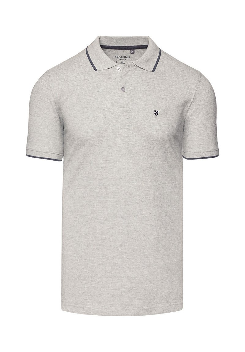 Jasnoszara koszulka polo z bawełny o miękkiej fakturze, z ciemnoszarym prążkowanym kołnierzykiem i krawędziami rękawów oraz małym logo na piersi.