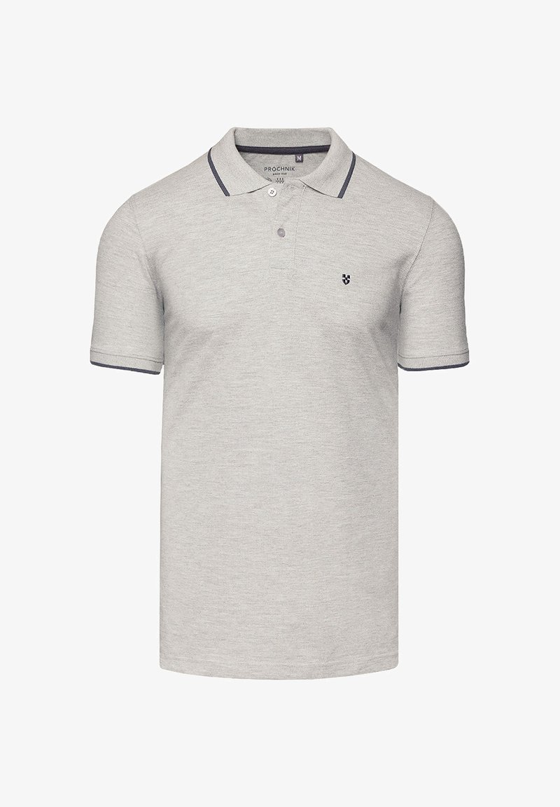 Jasnoszara koszulka polo z bawełny o miękkiej fakturze, z ciemnoszarym prążkowanym kołnierzykiem i krawędziami rękawów oraz małym logo na piersi.
