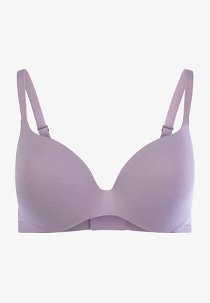Jasnofioletowy biustonosz o gładkim, bezszwowym kroju, z regulowanymi ramiączkami i zapięciem na hak. Wykonany z miękkiej, elastycznej tkaniny dla komfortu.