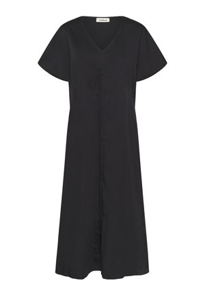 Mustat mekko, jossa on V-pääkaloja, lyhyet hihat, rento leikkaus, keskikalon pituus ja keskisauman yksityiskohdat. Valmistettu kevyestä kankaasta.