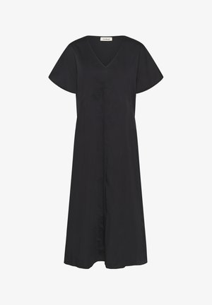 Must have V-kaelusega must kleit, lühikeste käistega, lõdva lõikega ja keskmise sääre pikkusega. Keskõmblustega. Valmistatud kerge kangaga.