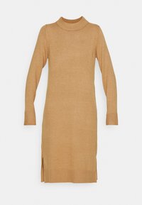 Stickad poloklänning i ljusbrunt som har långa ärmar, ribbade muddarna och sidoflikar för ökad rörlighet. Mjuk textur.