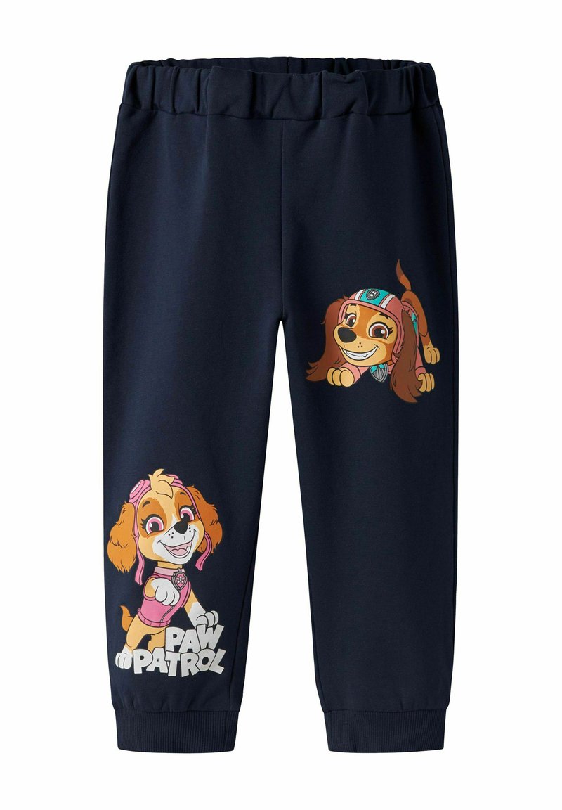 Granatowe spodnie dresowe z elastycznym paskiem w talii, z dwoma kolorowymi psami z kreskówki oraz napis "PAW PATROL" w białym kolorze.
