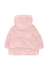 Giubbotto imbottito rosa con cappuccio, dotato di rifinitura in pelliccia sintetica, maniche corte e cuciture orizzontali sulla schiena. Texture liscia.