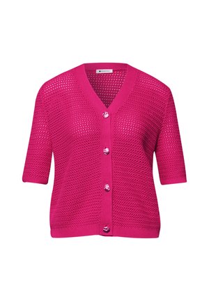 Cardigan de punto de manga corta en un brillante color rosa, con escote en V, cuatro botones a juego y un patrón texturizado de tejido abierto.