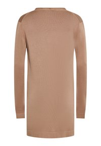 Pulover tricotat cu mâneci lungi, de culoare maro, cu o textură moale, decolteu rotund și manșete zimțate. Design simplu, fără modele sau accente.