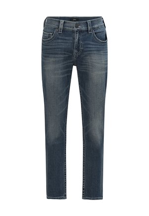 Dunkelblaue Denimjeans im Slim-Fit, mit ausgebleichten Bereichen, fünf Taschen und einem Gürtelschlaufe. Der Stoff hat eine glatte Textur.