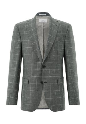 Grauer Herrenblazer mit weißem Karomuster, Zwei-Knopf-Vorderseite, Revers mit Kerb, Pattentaschen und gemustertem Innenfutter.