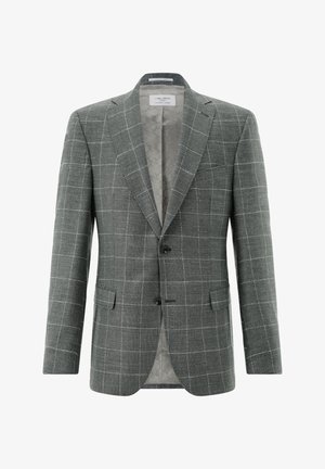 Grauer Herrenblazer mit weißem Karomuster, Zwei-Knopf-Vorderseite, Revers mit Kerb, Pattentaschen und gemustertem Innenfutter.