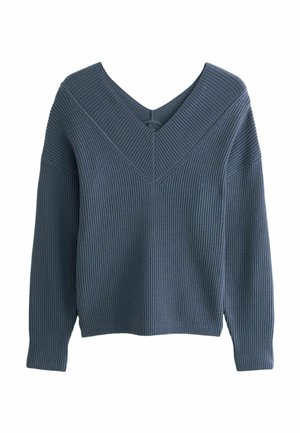Maglione blu a coste con scollatura a V profonda, dotato di maniche lunghe e una vestibilità rilassata. Texture definita da coste verticali.