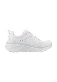 White athletic shoes with mesh and synthetic overlays, featuring a textured sole, pink accents, and a pull tab at the heel.