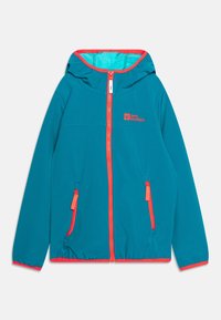 Giacca teal con zip frontale, cappuccio e dettagli arancioni. Presenta due tasche laterali con zip e polsini e orlo elasticizzati.