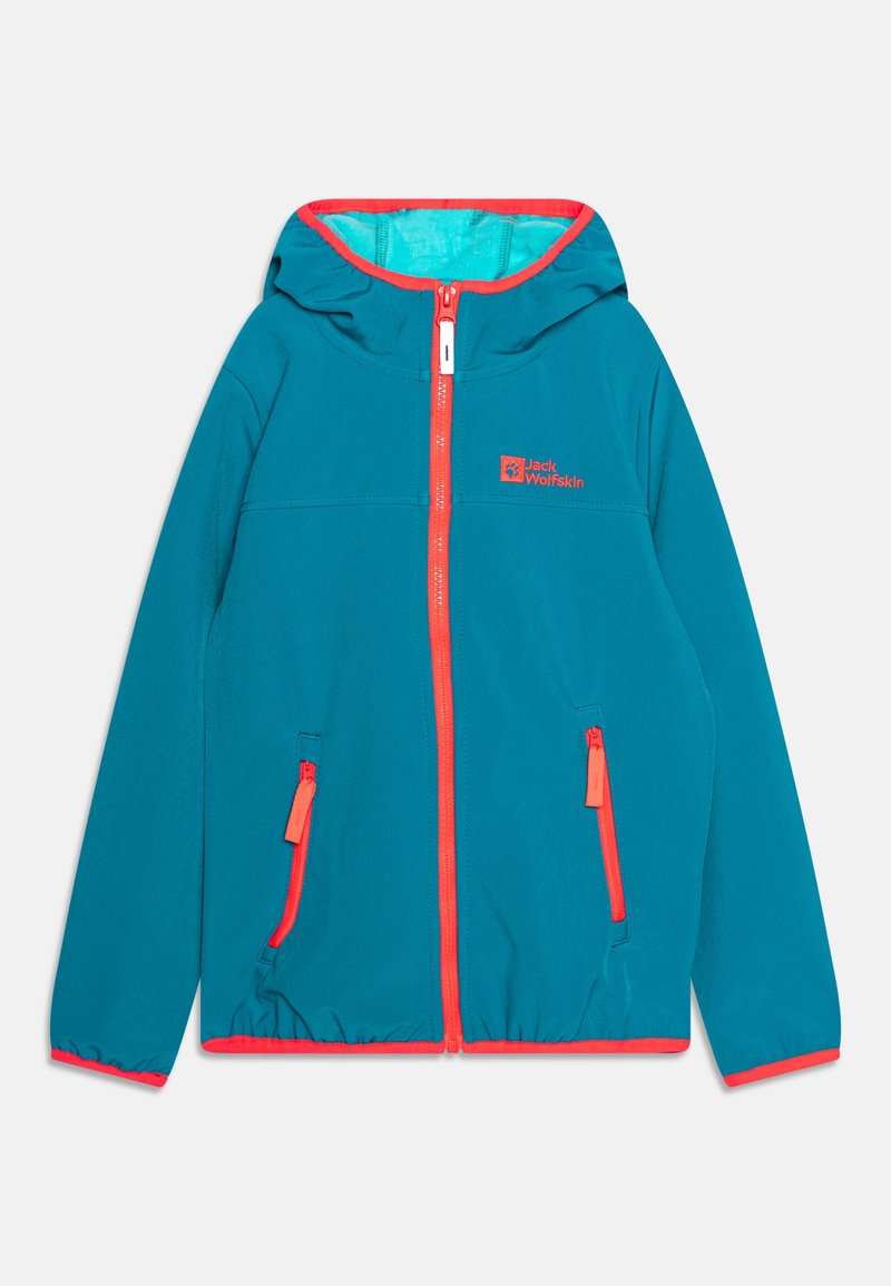 Tyrkysová bunda se zipem vpředu, kapucí a oranžovými detaily. Obsahuje dvě boční kapsy na zip a elastické manžety a lem.
