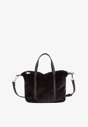 Black plush handbag with leather accents, two top handles, and an adjustable strap. Features star detail on the side. Soft texture.