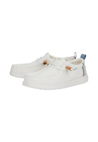 Scarpe da ginnastica bianche in tela con una finitura testurizzata, forma arrotondata, accenti blu e beige a contrasto, e una suola in gomma flessibile.