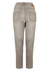 Grå denimbyxor med rak benform, som har två bakfickor, hög midja och en läderliknande etikett på midjebandet.