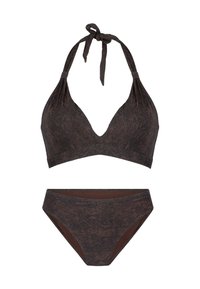 Brun bikini sæt med en v-hals haltertop med bindebånd og matchende højtaljet bund; tekstureret slangeskindsprintdesign.