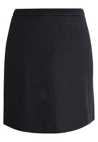 Sort uldnederdel med lige snit, der har en flad talje. Stoffet har en glat tekstur og en subtil glans. Ingen synlige dekorationer.