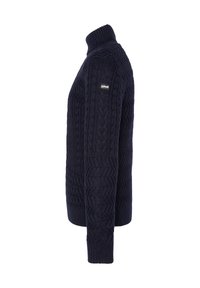 Maglione lavorato a maglia blu navy con colletto alto, caratterizzato da un motivo a trecce e polsini a coste. Piccolo logo del brand sulla manica sinistra.