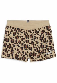 Beige kraťasy s leopardím vzorem v hnědé a černé barvě. Mají žebrovaný pas a bílé logo na dolním pravém rohu.