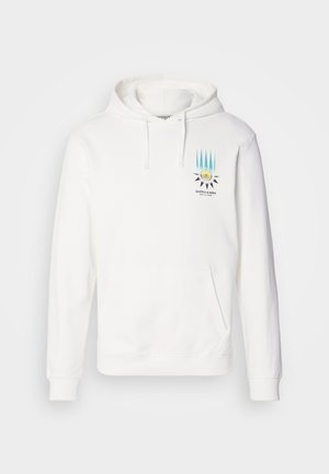 Weißer Hoodie aus weichem Stoff, mit einer vorderen Kängurutasche und einem grafischen Druck mit abstrakten Formen in Blau, Gelb und Schwarz.
