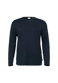 Marineblaues Langarm-T-Shirt mit Rundhalsausschnitt, aus weicher Baumwolle gefertigt; verfügt über ein minimalistisches Design und ein dezentes Seitenschild-Detail.