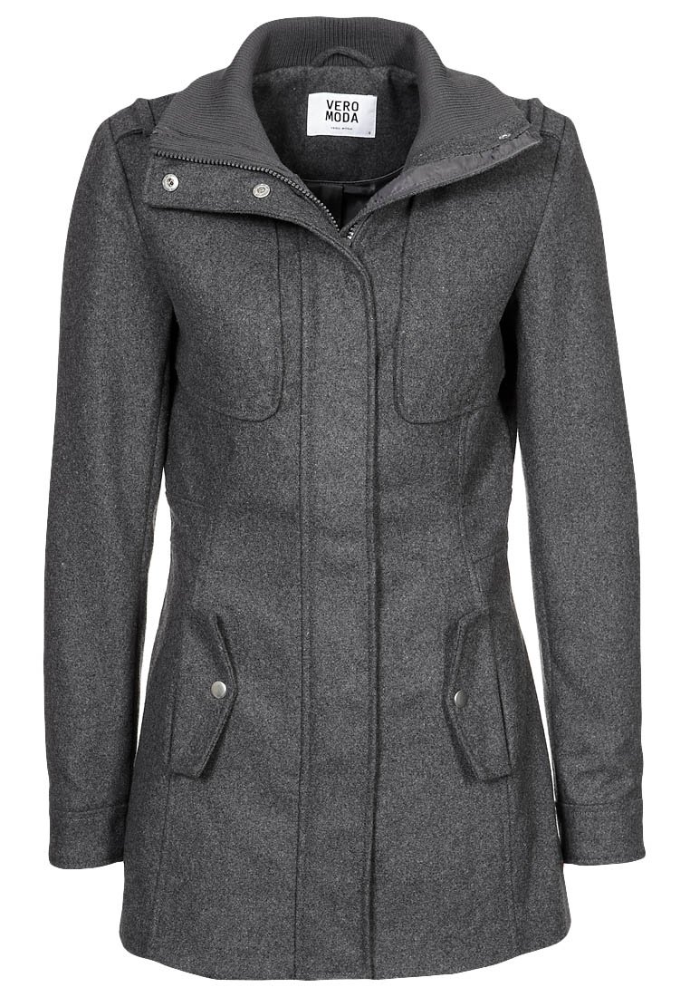 Grå uldblandet frakke med struktureret design, høj krave, lynlås- og tryklås, og to forlommer. Tekstureret stof med en glat finish.
