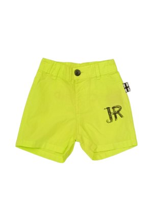 Pantaloni corti giallo neon con chiusura frontale a bottone, tasche laterali e ricamo nero "JR" sulla gamba sinistra. Tessuto morbido e vestibilità su misura.