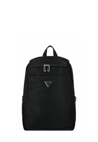 Zaino nero in nylon con doppia cerniera, tasca frontale e toppa con logo triangolare. Dotato di spallacci regolabili e manico superiore per il trasporto.