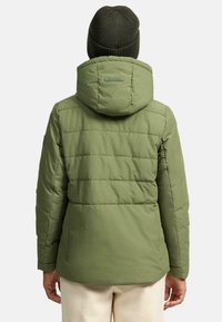 Groene gewatteerde jas met een doorgestikt design, verstelbare capuchon en ribgebreide beanie. Kenmerkt subtiele merkaccenten op de achterkant.
