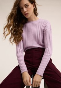 Maglione lilla chiaro a coste con maniche lunghe, abbinato a pantaloni bordeaux a vita alta. Tessuto morbido, design aderente e dettagli sottili.