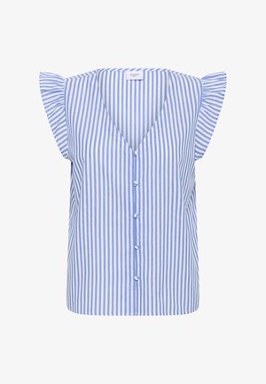 Blusa a righe blu e bianche con maniche corte a volant, scollatura a V e chiusura frontale con bottoni. Realizzata in tessuto leggero.
