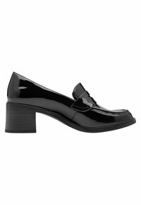 Mocassin femme en cuir verni noir avec talon bloc et surpiqûres moc toe, vu de profil sur fond blanc.