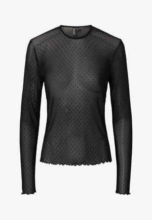 Musta pitkähihainen paita läpikuultavasta kankaasta, jossa pilkkukuosi. Pyöreä pääntie ja aaltoileva helma.