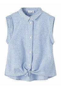 Blå og hvit stripete ermeløs bluse med krage, knapp foran og knyttet bunn, laget av lett stoff.