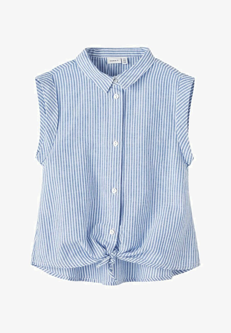 Blue and white striped sleeveless blouse with a collar, button front, and tied hem detail, made of lightweight fabric.